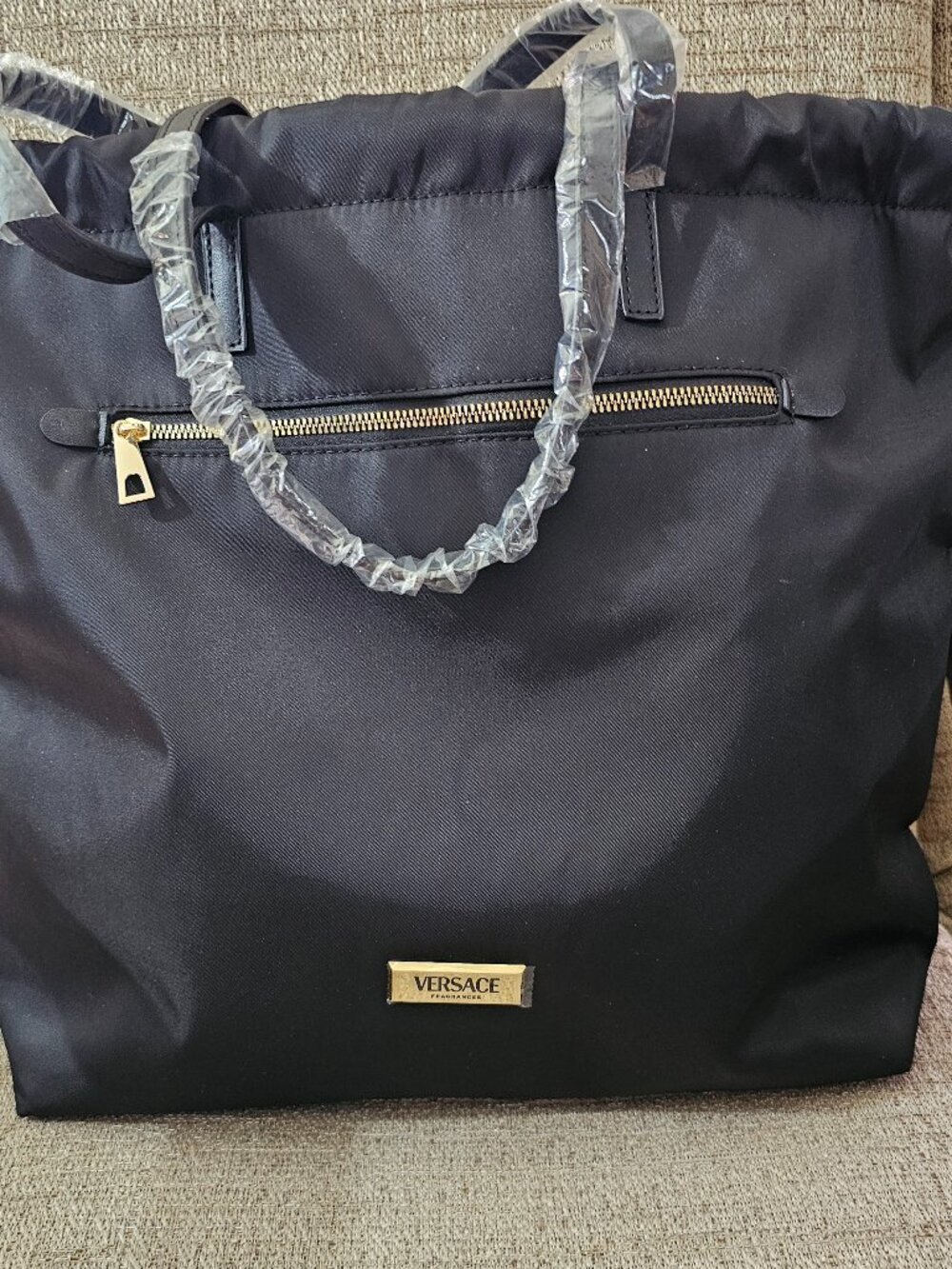 Versace Fragrances Black Nylon Tote Bag Gold Hardware Blue Lining NWT Promo